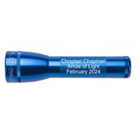 Blue ML25LT LED 2-Cell C flashlight engraved with Christian Chapman Arrow of Light February 2024
