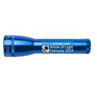 Blue ML25LT LED two-cell C flashlight with engraved Lucas Lee Arrow of Light February 2024