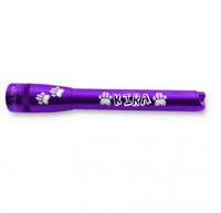 Purple Mini Maglite Pro LED flashlight with paw prints and the engraving KIRA along the body.