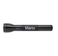 Black ML300L LED 3-Cell D flashlight with Mario engraved on its body.
