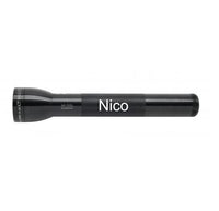 Black ML300L LED 3-Cell D flashlight with Nico engraved on its body.