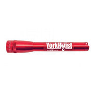 Red Mini Maglite Pro LED flashlight with custom engraving along the body