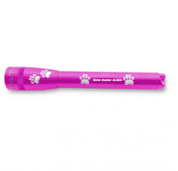 Pink Mini Maglite Pro LED flashlight with paw print graphics and custom pet engraving