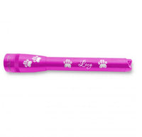 Pink Mini Maglite Pro LED flashlight with paw prints and Lexy engraving