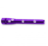 Purple Mini Maglite Pro LED flashlight with custom pet engraving paw prints and inscription