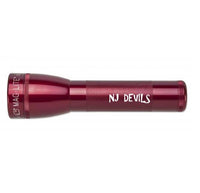 Red Mag-Lite LED 2-Cell C flashlight with NJ Devils engraving shown in profile