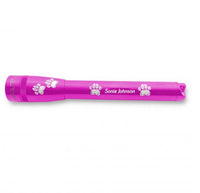 Pink Mini Maglite Pro LED flashlight with paw prints and Sonia Johnson engraving