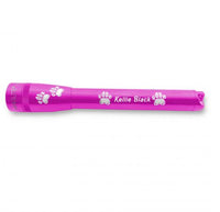Pink Mini Maglite Pro LED flashlight featuring paw prints and Kellie Black engraved.