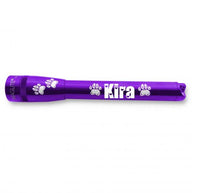 Purple Mini Maglite Pro LED flashlight with paw print graphics and the name Kira engraved
