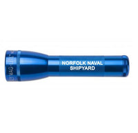 Blue ML25LT 2-cell C flashlight engraved with Norfolk Naval Shipyard