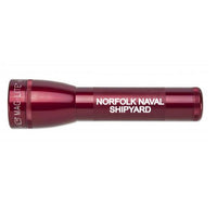 Red ML25LT 2-cell C flashlight engraved with Norfolk Naval Shipyard