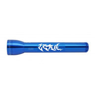 Blue ML300L LED 3-Cell D flashlight with white graffiti style engraving along the body