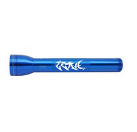 Blue ML300L LED 3-Cell D flashlight viewed from the side with white graffiti engraving