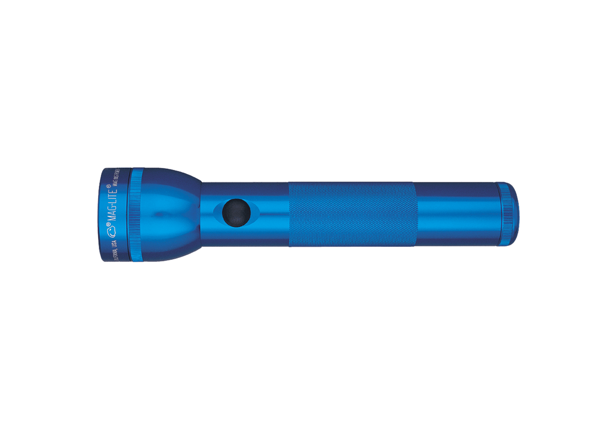 Blue Maglite 2-Cell D Xenon flashlight with knurled grip and a black side button