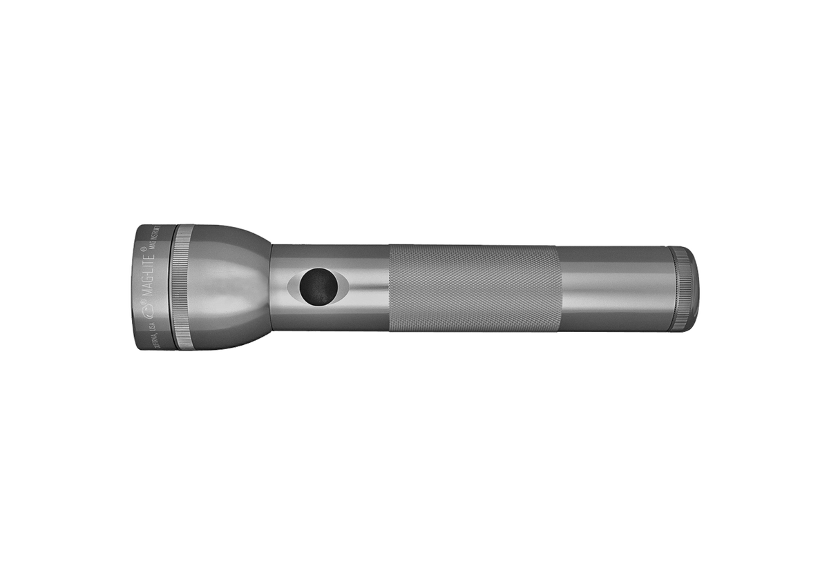 Silver Maglite 2-Cell D Xenon flashlight shown in side profile with knurled grip.
