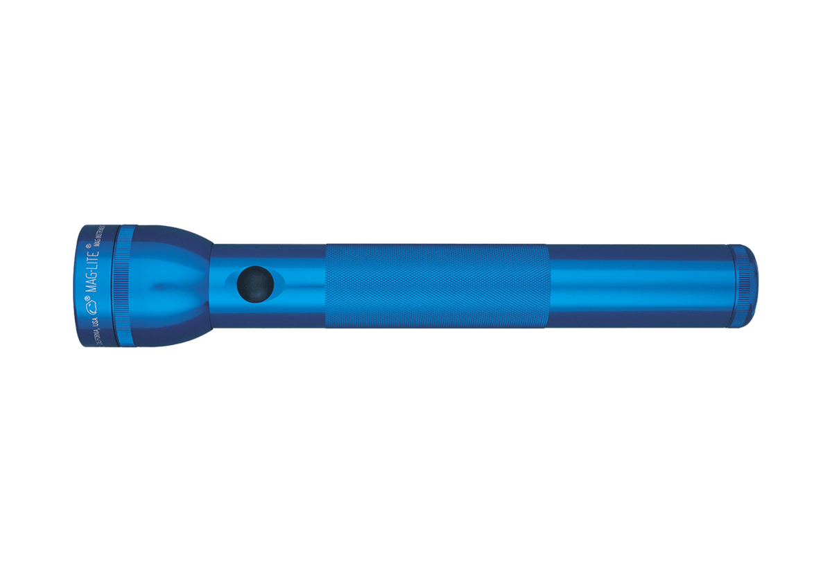 Maglite 3-Cell D incandescent flashlight in blue with knurled grip and black button