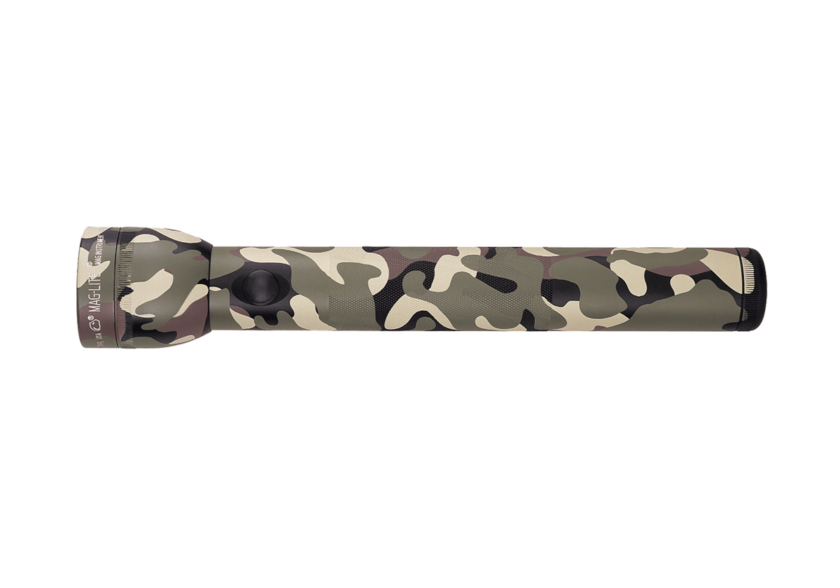 Camouflage Maglite 3-Cell D incandescent flashlight with woodland camo finish laid horizontally