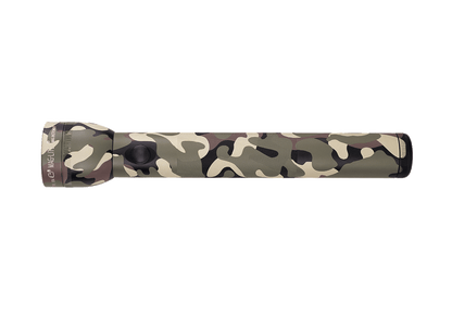 Camouflage Maglite 3-Cell D incandescent flashlight with woodland camo finish laid horizontally