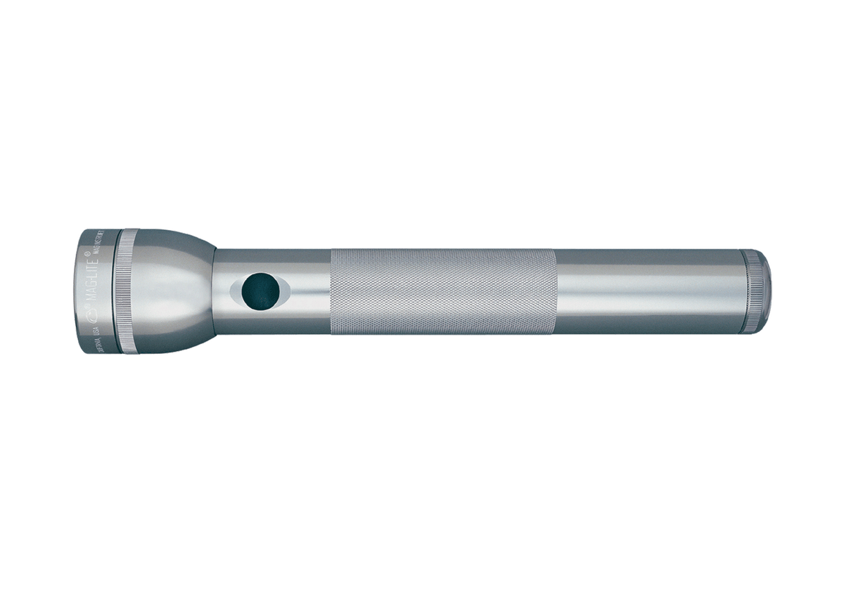 Side profile of a silver Maglite 3-Cell D incandescent flashlight with knurled grip.