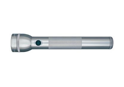 Side profile of a silver Maglite 3-Cell D incandescent flashlight with knurled grip.
