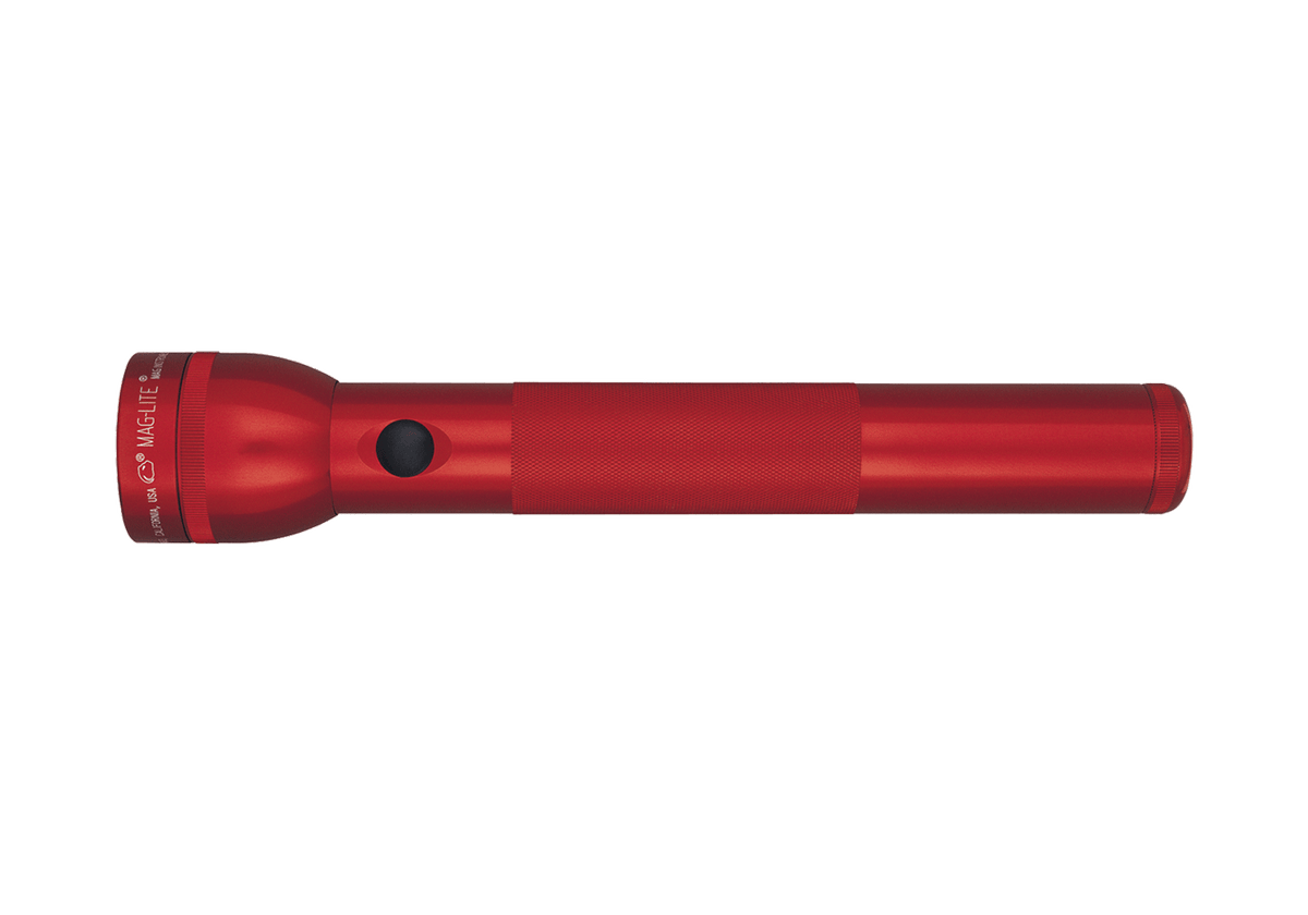 Red Maglite 3-Cell D incandescent flashlight with knurled grip