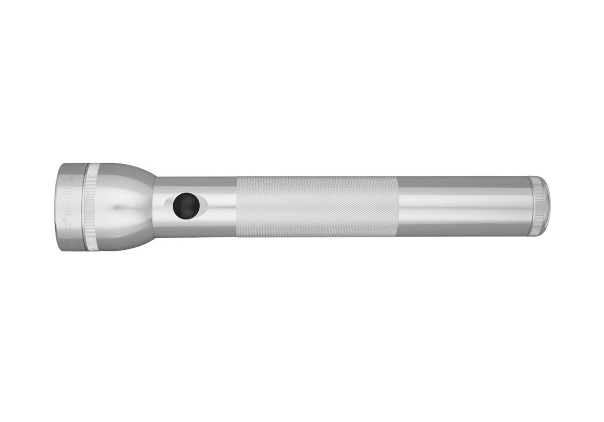 Maglite 3-Cell D incandescent flashlight in silver finish shown in a side view
