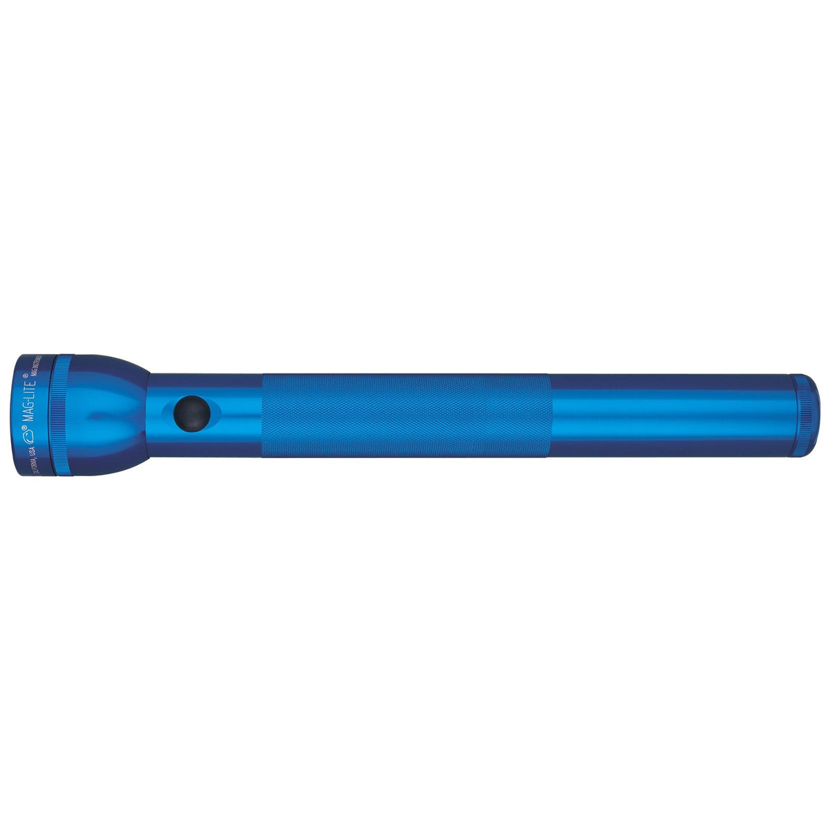 Blue Maglite 4-Cell D Xenon flashlight laid horizontally against a white background