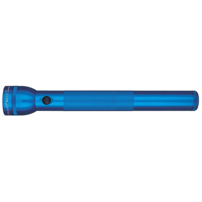 Blue Maglite 4-Cell D Xenon flashlight laid horizontally against a white background