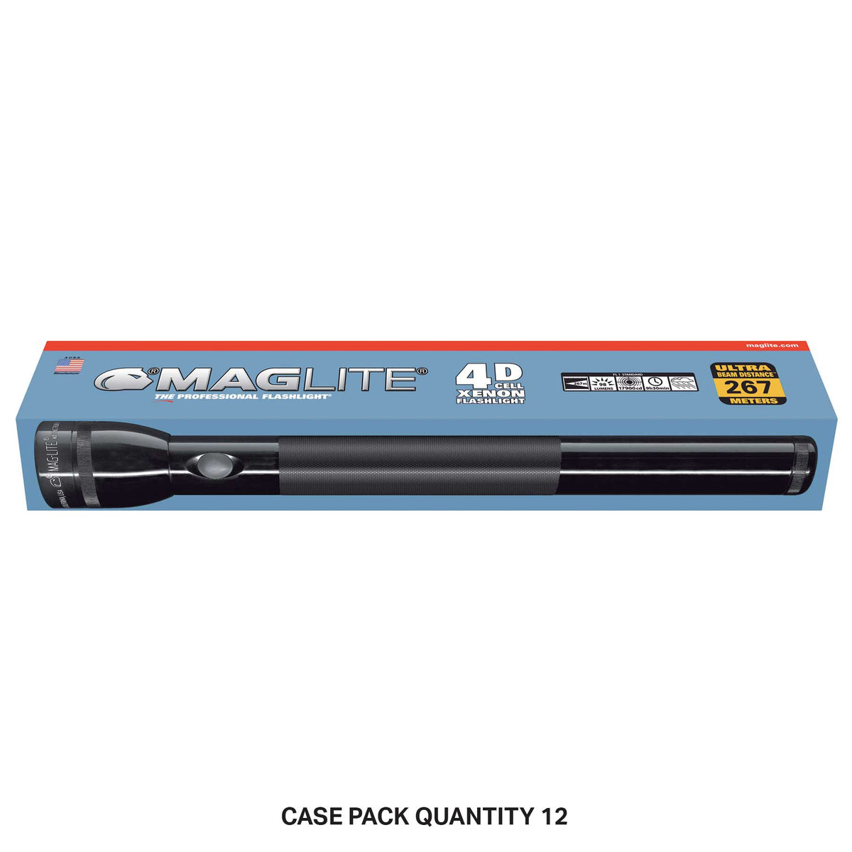 Maglite 4-Cell D Xenon Flashlight partially visible from a blue packaging box with CASE PACK QUANTITY 12