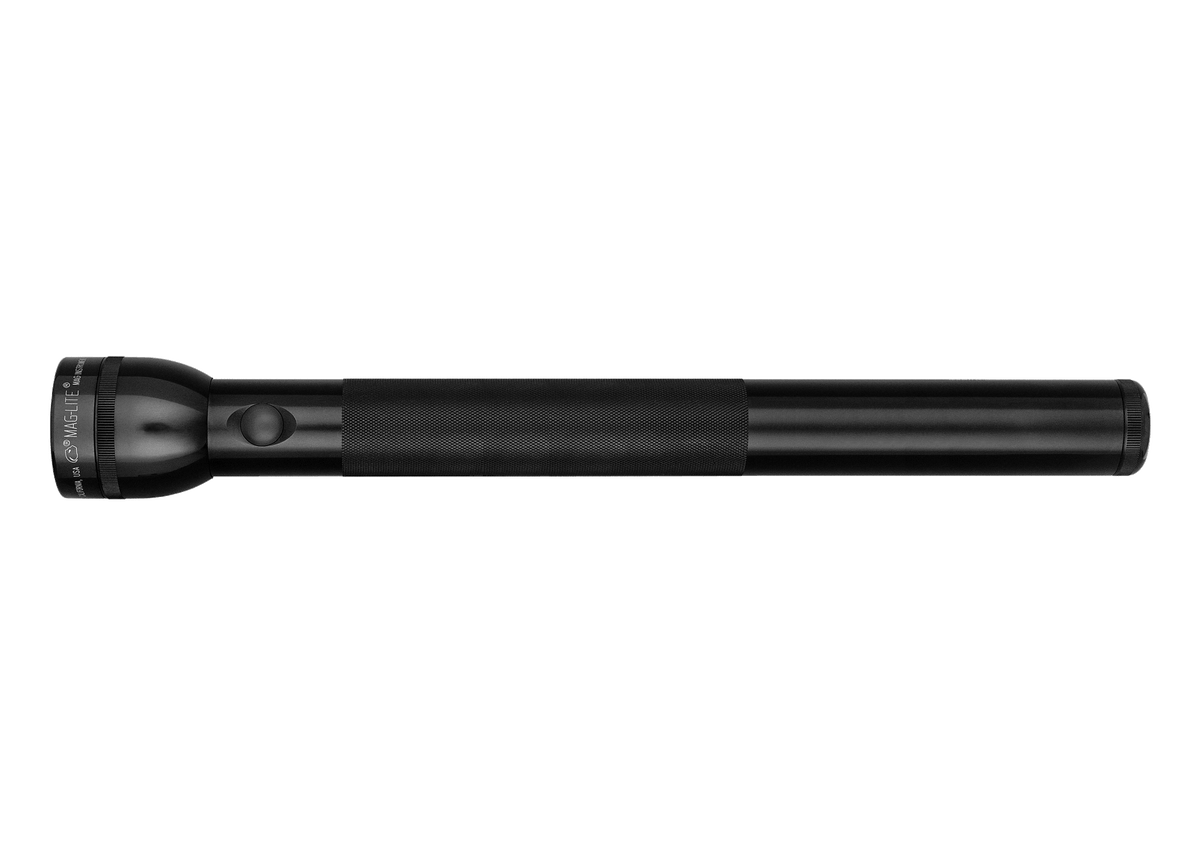 Maglite 5-Cell D Xenon flashlight laid horizontally with textured grip against a black background