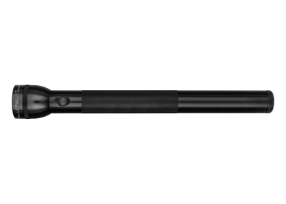 Maglite 5-Cell D Xenon flashlight laid horizontally with textured grip against a black background
