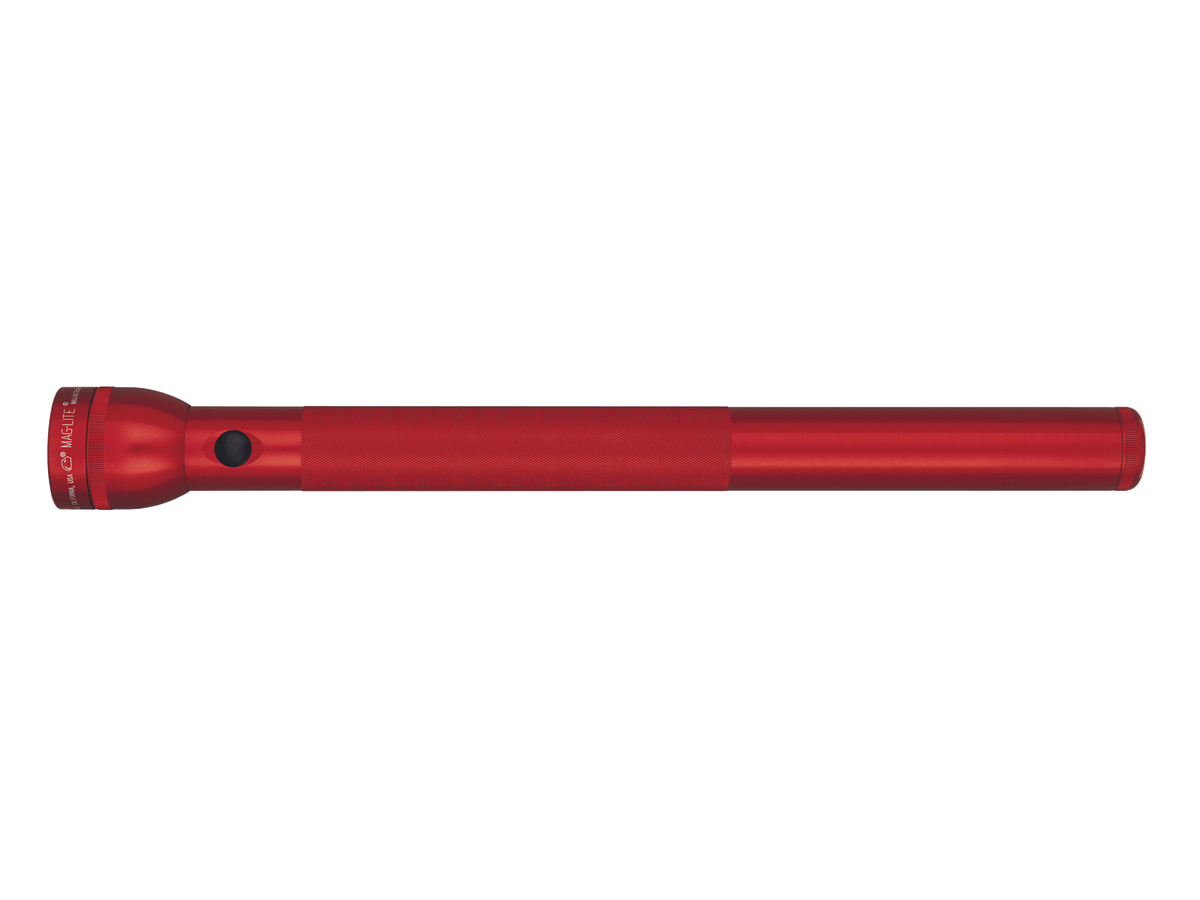 Maglite 6-Cell D Xenon flashlight in red with knurled grip laid horizontally