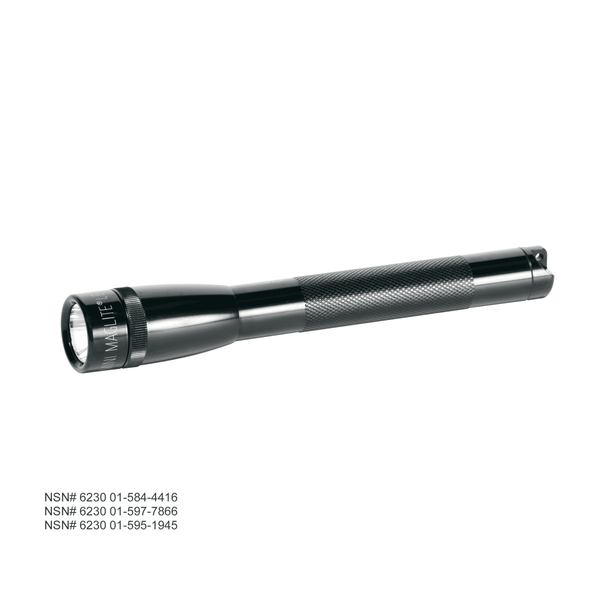 Mini Maglite LED 2AA flashlight with knurled metal body shown diagonally.