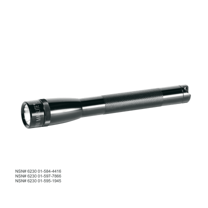 Mini Maglite LED 2AA flashlight with knurled metal body shown diagonally.