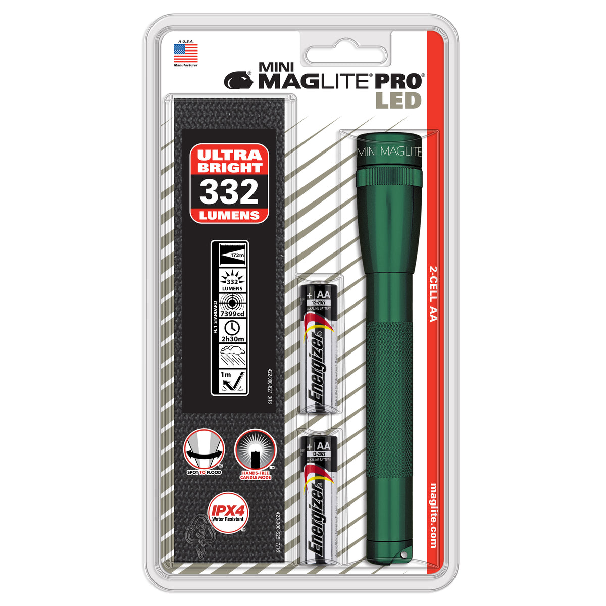 Packaging for Mini Maglite Pro LED holster pack featuring a green flashlight