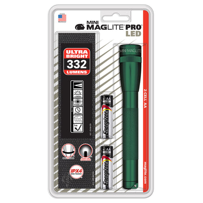 Packaging for Mini Maglite Pro LED holster pack featuring a green flashlight