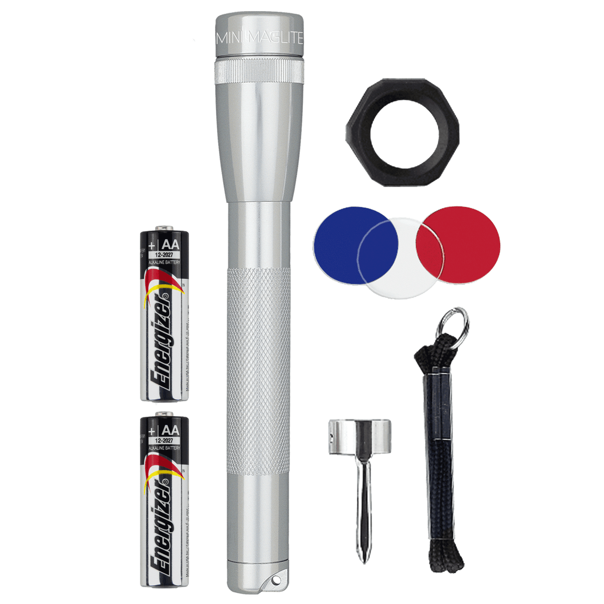 Mini Maglite LED PRO 2-Cell AA combo pack in silver with two AA batteries and accessories including color filters and a lanyard