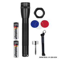 Mini Maglite Classic AA flashlight in black with batteries color filter discs and a lanyard in the combo pack