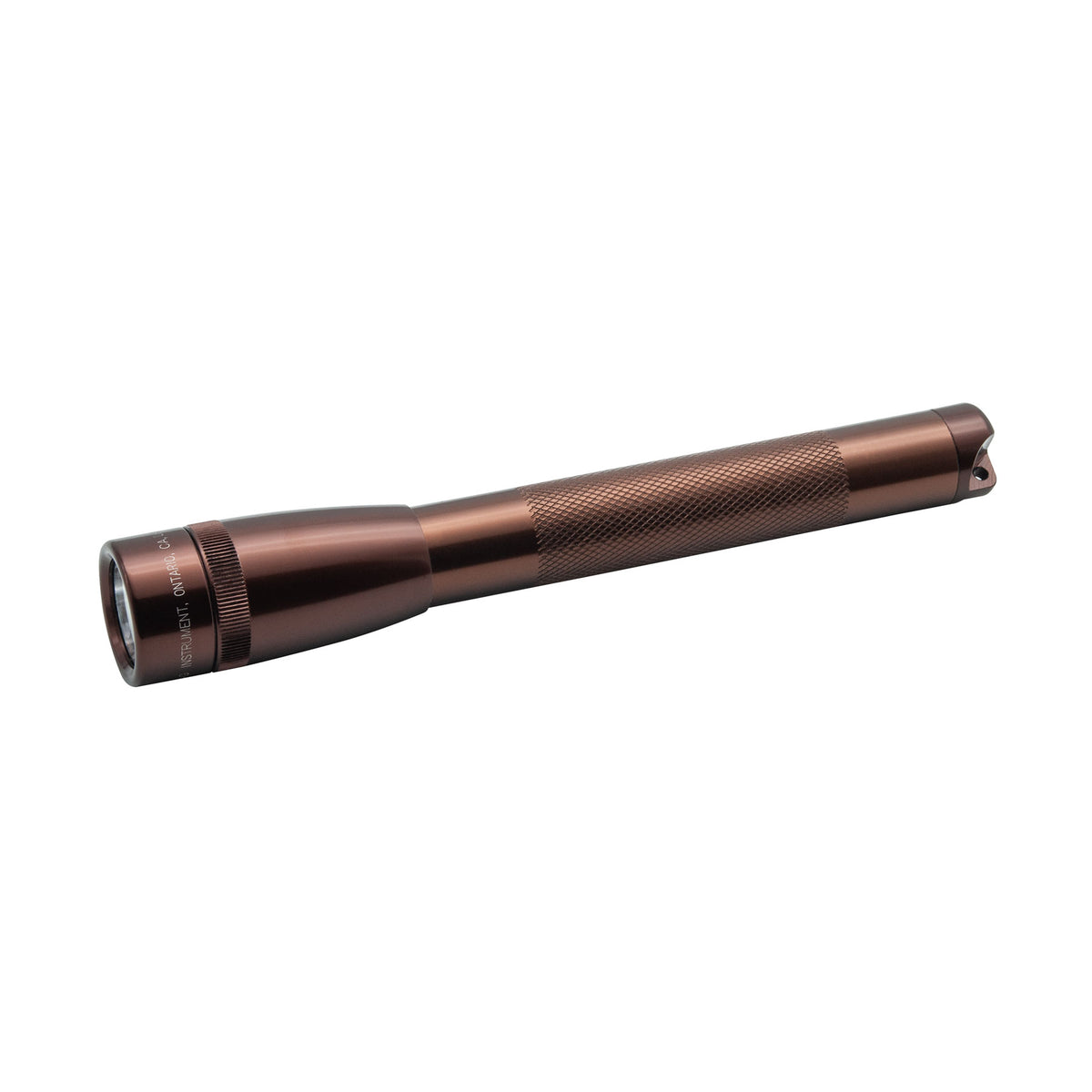 Copper finish Mini Maglite Pro LED pocket flashlight viewed from the side with knurled grip.