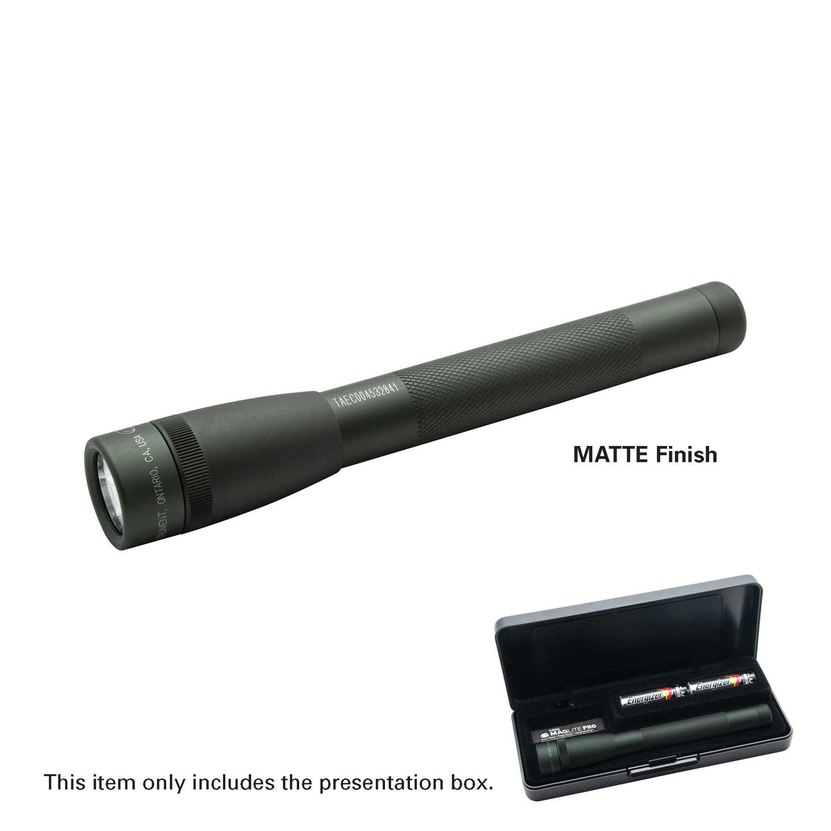 Matte finish Maglite Pro LED pocket flashlight shown diagonally with its presentation box and batteries.