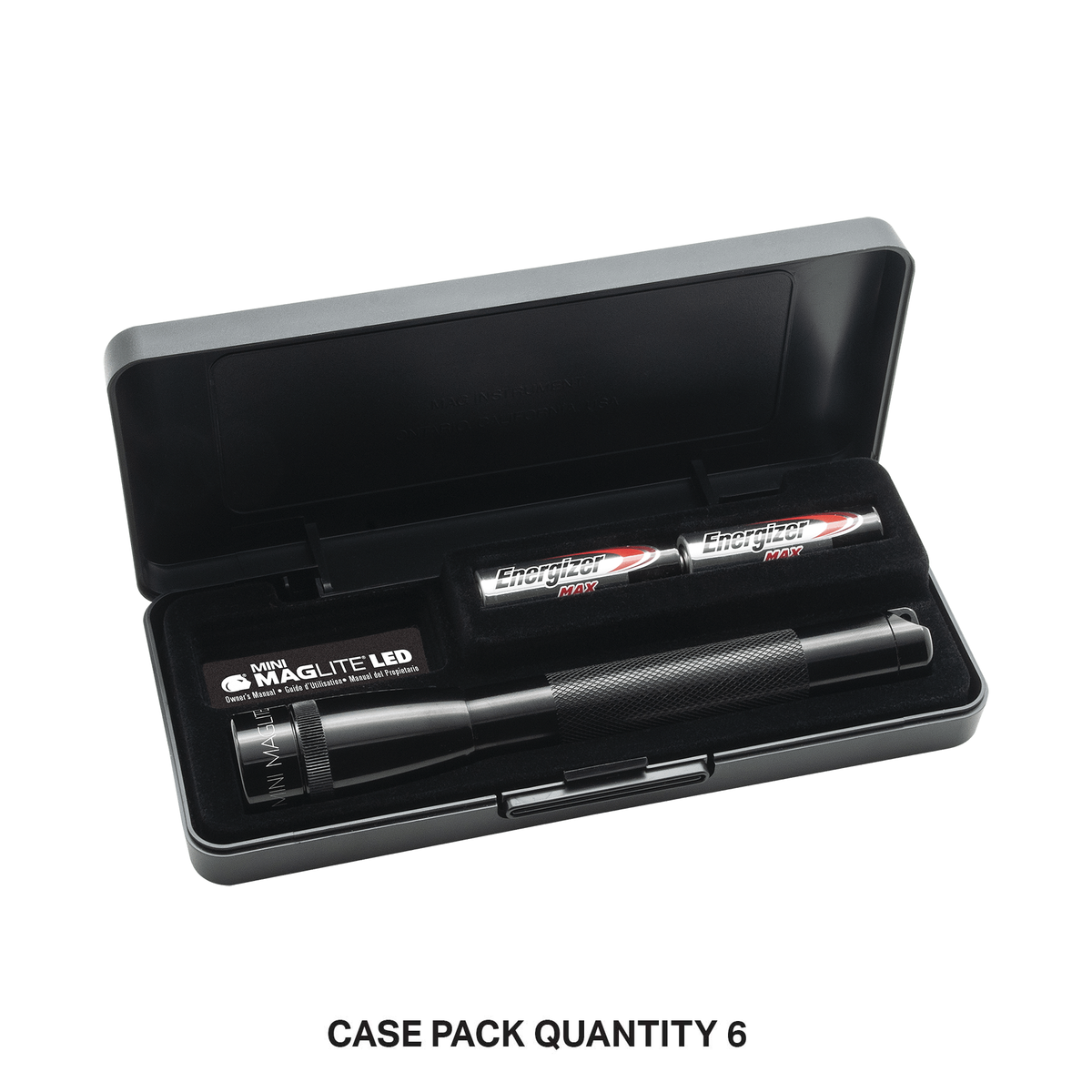 Open case reveals two Energizer AA batteries and part of a Mini Maglite LED flashlight inside