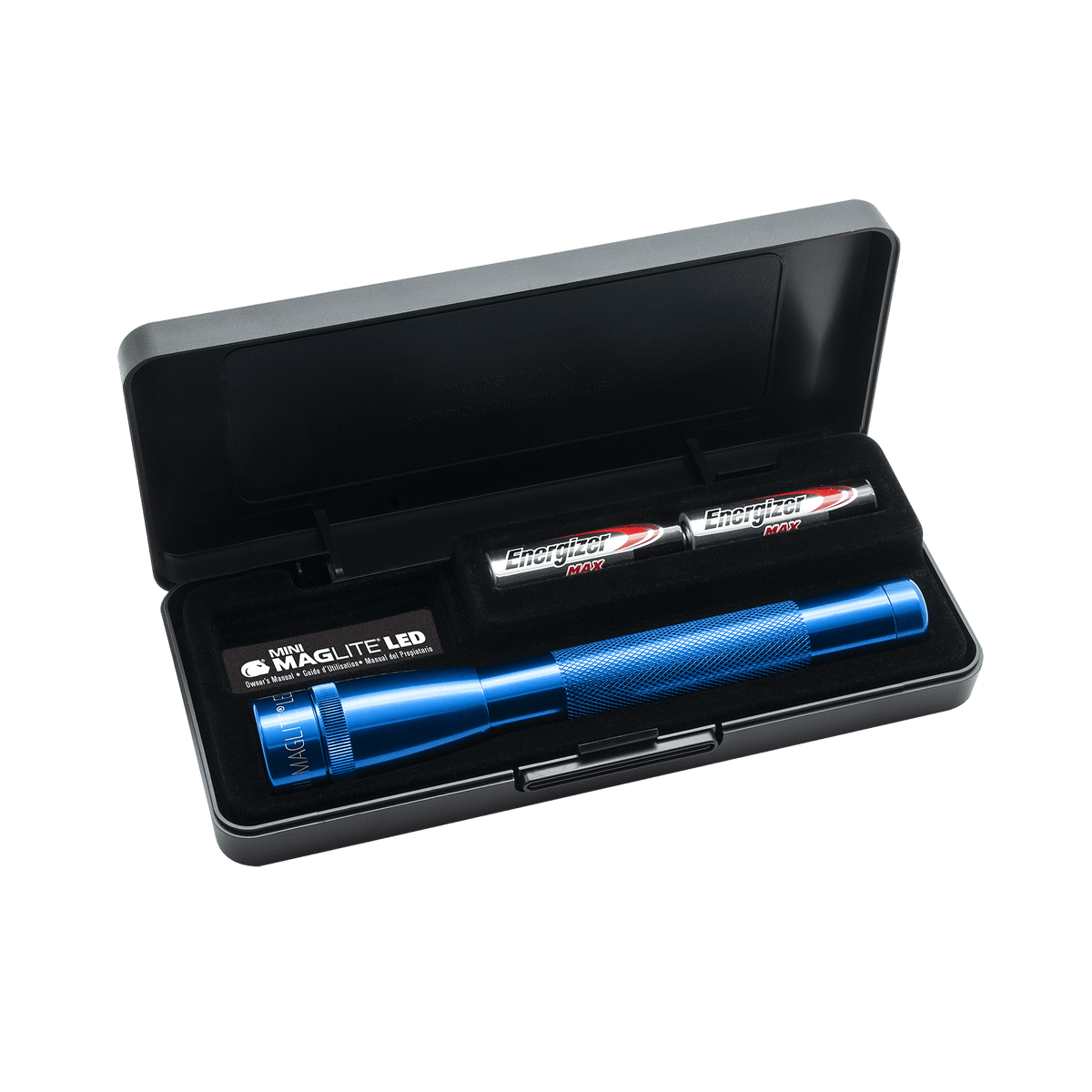 Open black carrying case with Energizer AA batteries and a blue Maglite inside