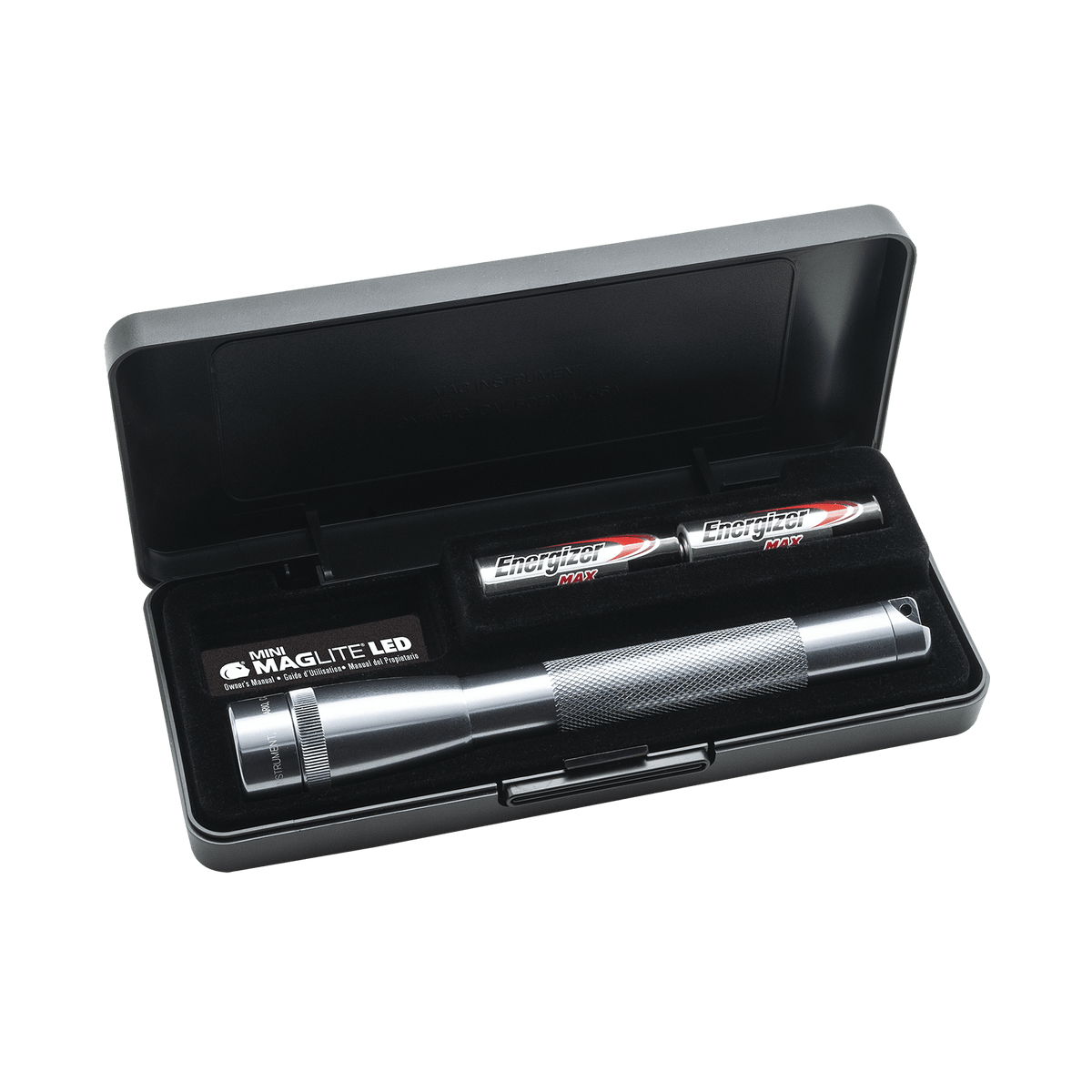 Open hard plastic case showing a Mini Maglite LED 2AA flashlight and two Energizer Max AA batteries inside