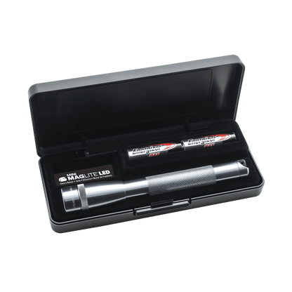 Open hard plastic case showing a Mini Maglite LED 2AA flashlight and two Energizer Max AA batteries inside