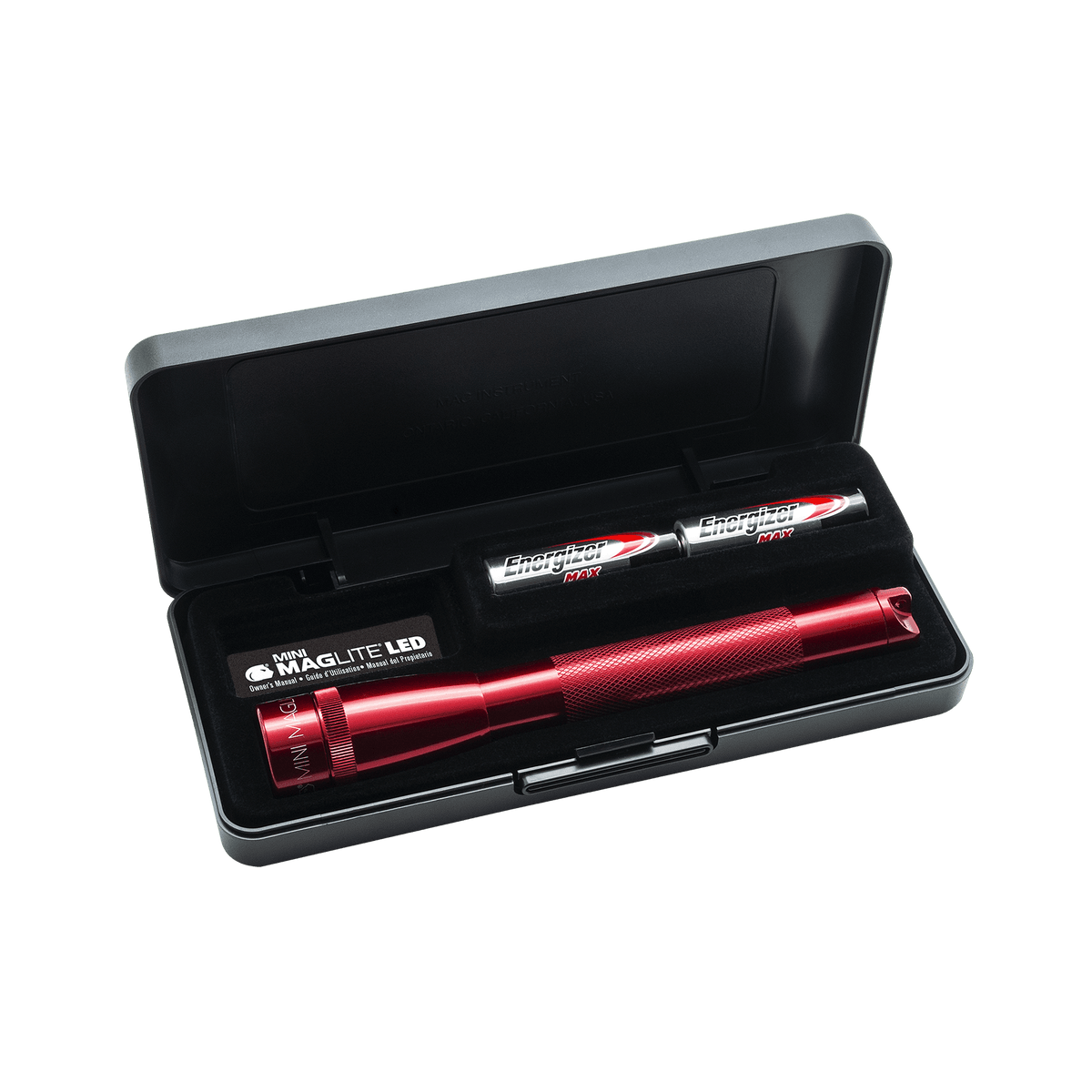 Open case containing a red Mini Maglite LED 2AA flashlight and Energizer AA batteries.