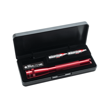 Open case containing a red Mini Maglite LED 2AA flashlight and Energizer AA batteries.