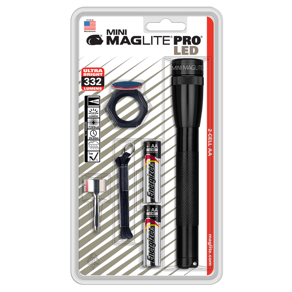 Mini Maglite Pro LED 2-Cell AA combo pack in blister packaging with flashlight and accessories