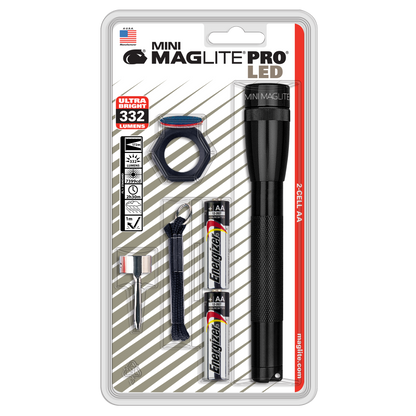 Mini Maglite Pro LED 2-Cell AA combo pack in blister packaging with flashlight and accessories