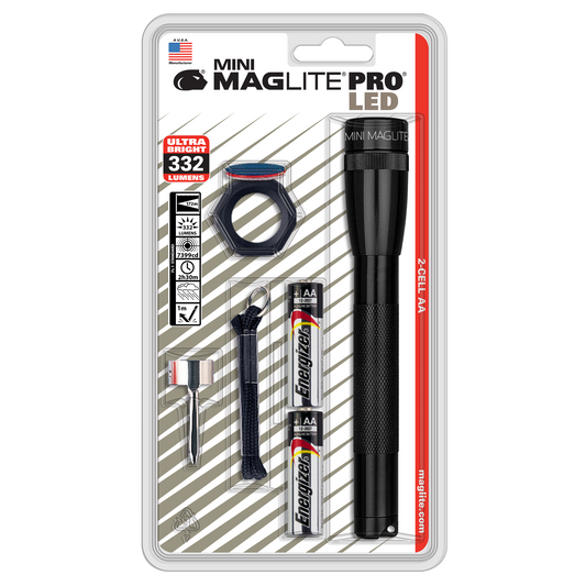 Mini Maglite Pro LED 2-Cell AA combo pack in blister packaging with flashlight and accessories