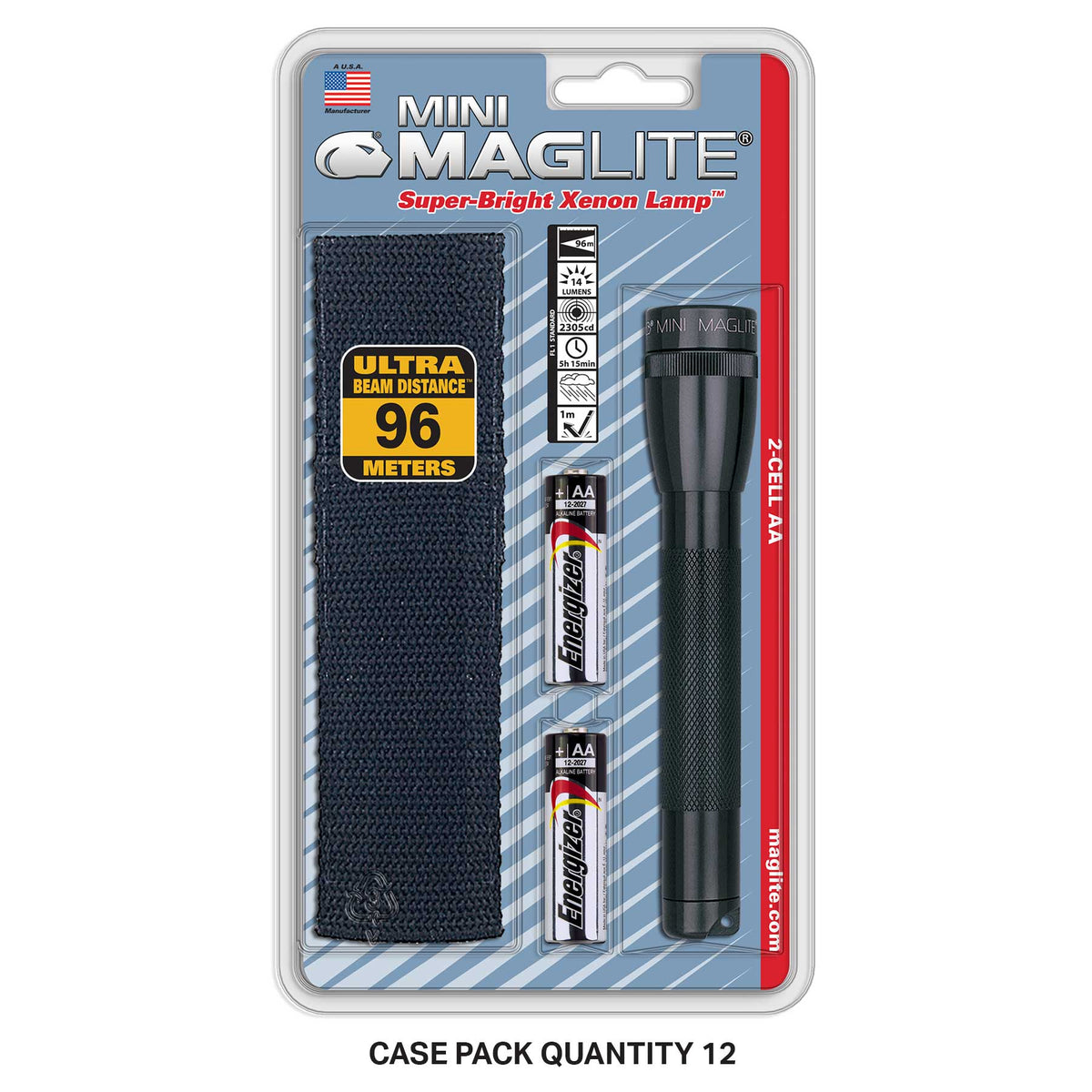 Mini Maglite Xenon flashlight holster pack in blister packaging showing dark fabric holster and flashlight